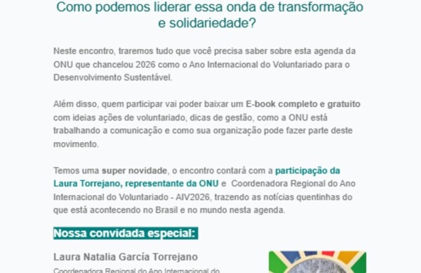 Encontro do GEVE dia 3 de junho: 2026  é o Ano Internacional do Voluntariado: como podemos liderar essa onda de transformação e Solidariedade?